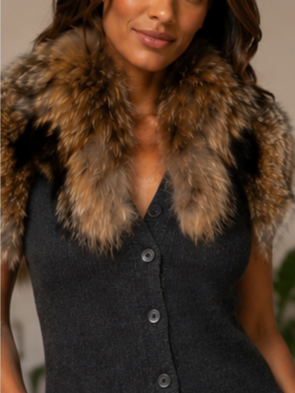 Diane Von Furstenberg Charcoal Knit Button-Front Sweater with Brown Fur Collar